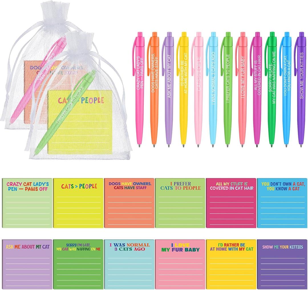2 x Harloon 12 Sets Cat Sticky Notes, Cat Lover Xmas Gifts Include 12 Cute Sticky Notes(360 Sheets) 12 Pens 12 Organza Bags, 3x3 Inch, Adhesive Memo Pads Xmas Stocking Stuffer for Coworker Office Supplies