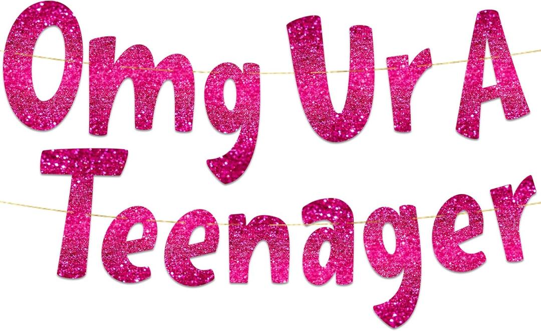 Pre-Strung OMG Ur A Teenager Pink Glitter Banner - 13th Birthday Decorations for Teen Boys and Girls - Birthday Party Supplies and Gifts