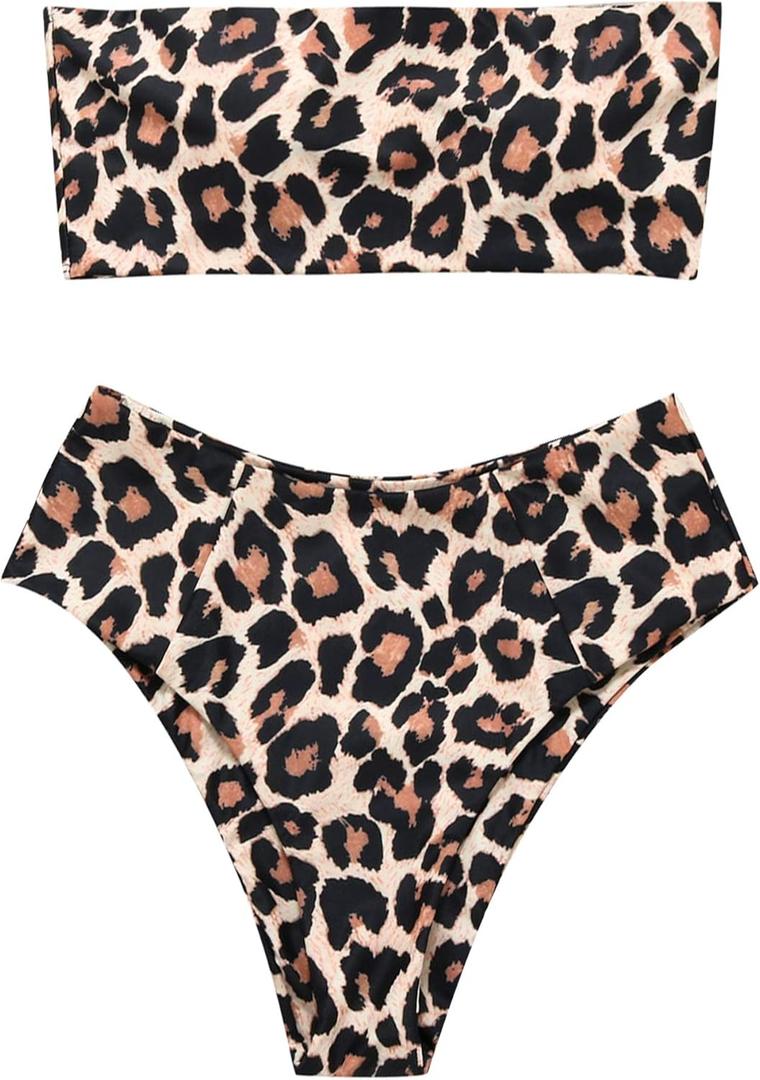 OMKAGI Women's 2 Pieces Bandeau Bikini Swimsuits Off Shoulder High Waist Bathing Suit High Cut (Medium, 0-apricot Leopard)
