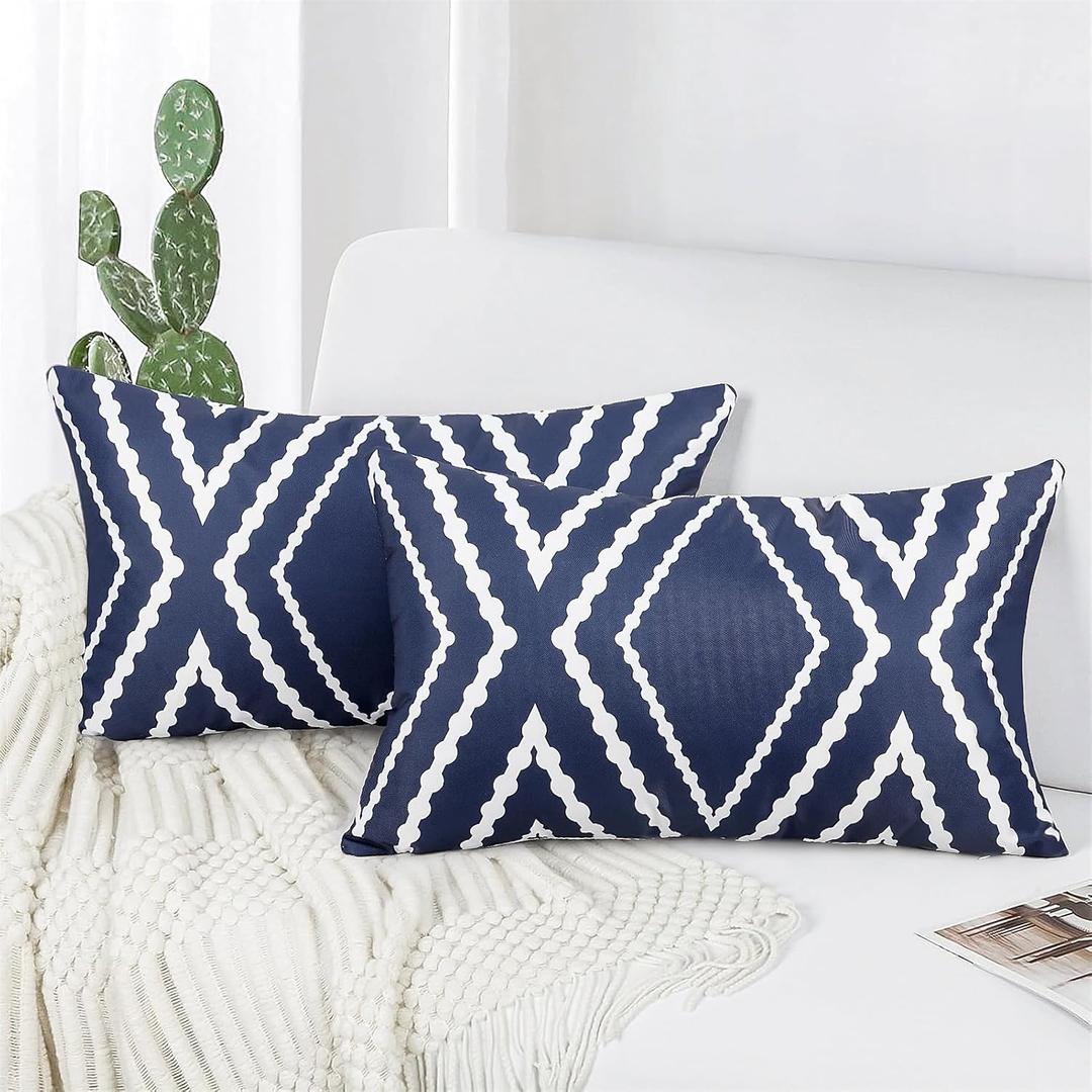 Adabana Outdoor Lumbar Waterproof Pillow Covers Set of 2 Boho Geometric Throw Pillows Cover for Patio Garden 12 x 20 Inch Navy Blue