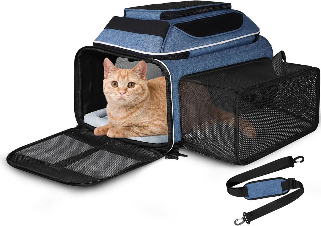 Petskd Top and Side Expandable Pet Carrier 17x12x8.5 Inches JetBlue Frontier Spirit Airline Approved, Soft-Sided Carrier for Small Cats and Dogs with Locking Safety Zippers and Anti-Scratch Mesh(Blue)