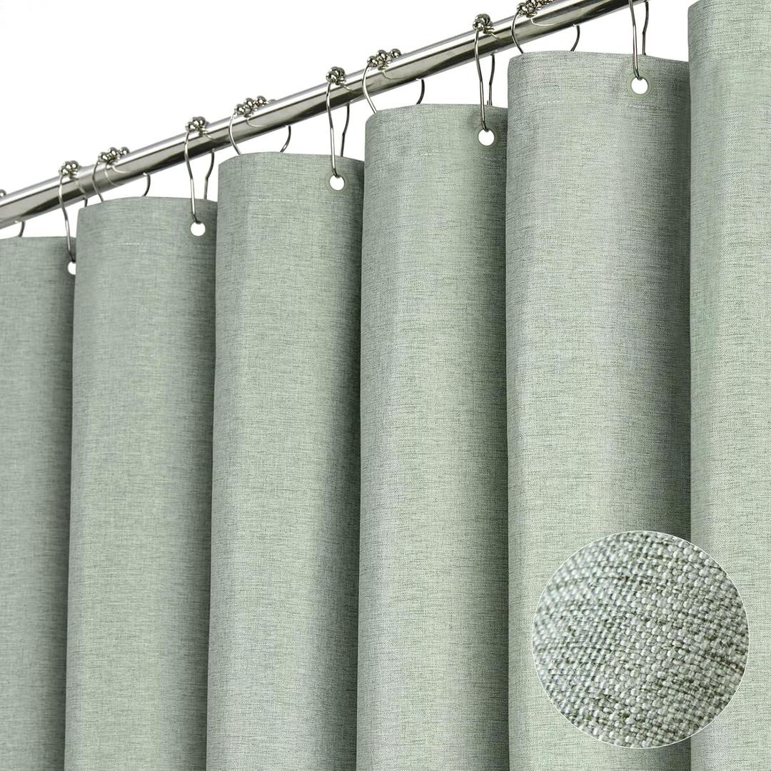 BTTN 84 Inch Wide Shower Curtain - W84xH72 Linen Textured Heavy Duty Fabric Shower Curtain Set with 14 Plastic Hooks, Large Hotel Simple Waterproof Polyester Bath Curtains for Bathroom - Sage Green