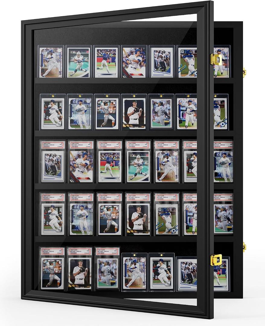 Mlikero Baseball Card Display Case, 35 Graded Card Display Frame Lockable, Trading Card Display with UV Protection Sports Card Display Case for Baseball Cards, Football Cards, Sports Cards