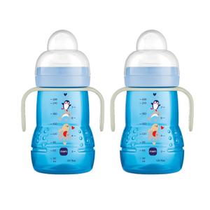 MAM Trainer Sippy Cup for Toddlers 1-3, 8 oz. Transition Drinking Cup with Extra-Soft Spout, Spill-Free Nipple, and Non-Slip Handles, for boys 4+ Months, 2 Count (Blue)