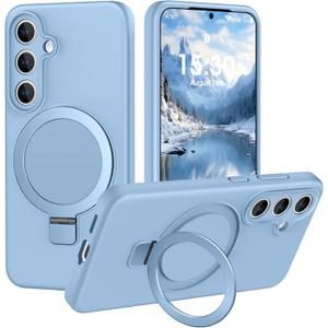 Liquid Silicone Case for Samsung Galaxy S24 with Magnetic Stand, Mil-Grade Drop Shockproof, Full Camera Protection Anti-Scratch Microfiber Lining Silicone Phone case, Light Blue