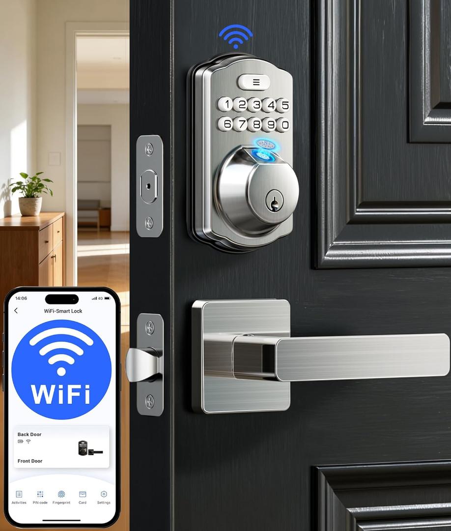 Veise VE012W-L Built-in Wi-Fi Fingerprint Smart Lock with Lever Handle Set, App Remote Control, Keyless Entry for Front Door, Deadbolt Digital Backlit Keypad, Voice Assistant, Auto Lock, Satin Nickel
