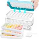 Ice Cube Tray, Ice Tray with Lid and Bin and Ice Scoop, Ice Cube Pop Out Tray, Ice Cube Trays for Freezer, Ice Cube Molds, BPA Free, Easy Release Stackble Spill-Resistant (Blue 3 Tier)