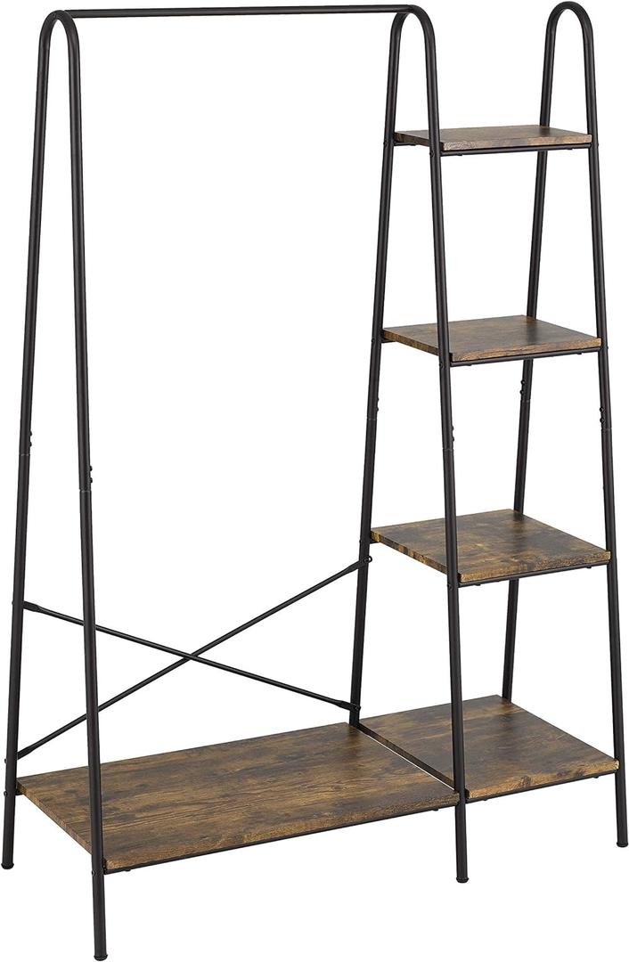 Finnhomy Rustic Clothes Rack, Clothing Rack for Hanging Clothes Heavy Duty Garment Rack with 5 Wood Shelves Freestanding Portable Closet Organizer for Bedroom/Entryway/BoutiquesMatte Black