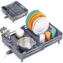 TOOLF Dish Drying Rack, Expandable Dish Rack for Kitchen Counter, Anti-Rust Dish Drainer, Sink Organization and Storage Essentials with Cutlery & Cup Holder, Gray