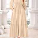KIRUNDO Casual Fall Dresses for Women 2026 Flowy Long Sleeve Maxi Dress Smocked Empire Waist Square Neck Wedding Party (Yellow, XL)