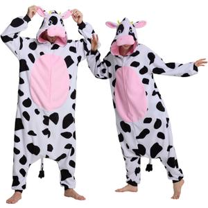 Unisex Adult Onesie Pajamas Animal Cosplay Halloween Costume One Piece Plush Sleepwear Homewear (Medium, Cow)