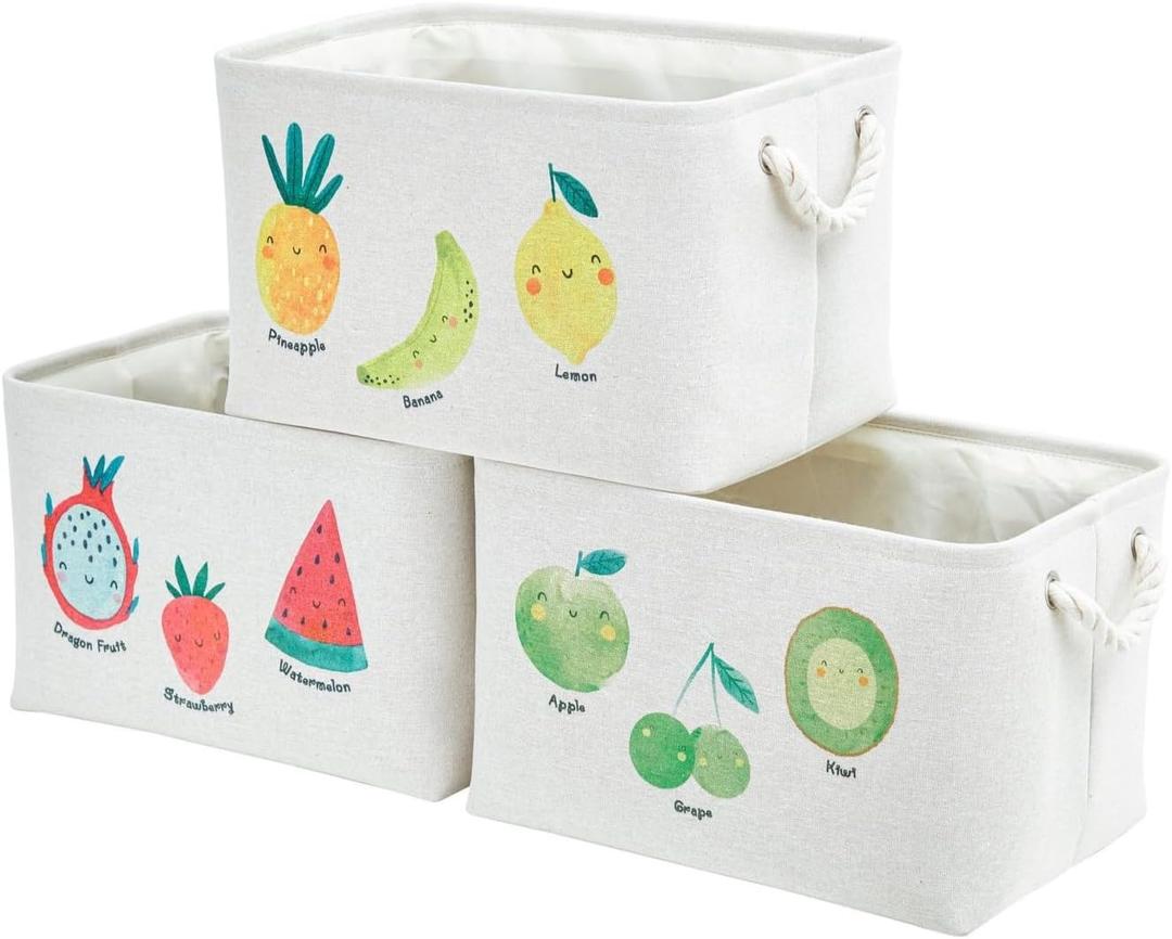 DECOMOMO Toy Storage Baskets for Shelves - 25.5L Kids Storage Bin for Nursery Dcor, Baby, Laundry, Toys (Fruit Print, Large - 3 Pack)