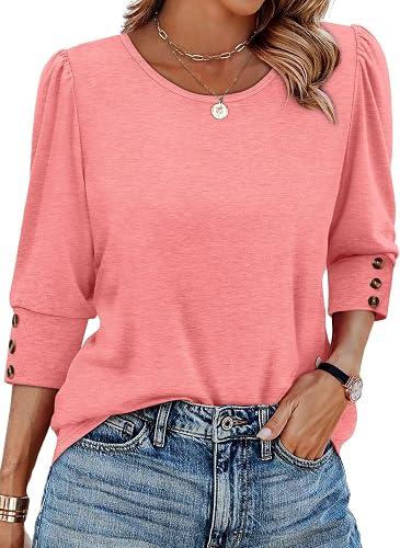 OFEEFAN Womens Tops 3/4 Sleeve with Buttons Dressy Casual Blouses Summer Outfits Beach Vacation Plus Size Spring Clothes XXL
