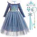Toddler Snow Princess Costume Girls Blue Queen Dress for Halloween Christmas Cosplay Party Outfits (6-7Y)