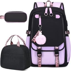 Bevalsa Backpack with Lunch Bag Bookbag Set for Girls Kids Middle High School College Student 21L Casual Daypack Children Schoolbag Bookbag with USB Charging Port (Purple)