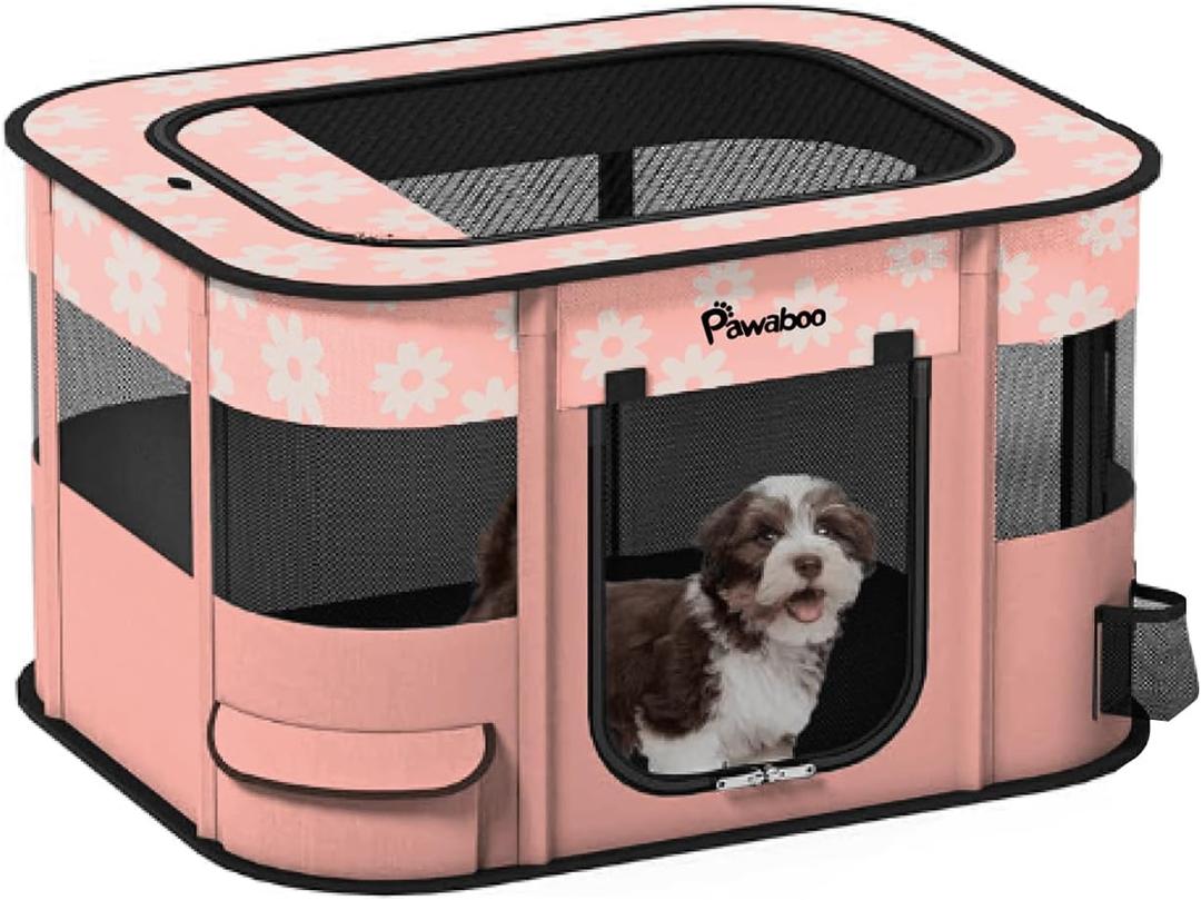 Dog Playpen, Portable Pet Cat PlayPen, 600D Oxford Dog Kennel Tent Crate, Breathable&Waterproof, Outdoor Indoor Travel Camping for Medium/Large Breed with Carrying Case+Bowl, L, Light Pink Flowers (Large(35"x28"x24"))