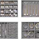 Velvet Jewelry Drawer Organizer Trays Grey Stackable Jewelry Storage Inserts Set, 4-Layer Jewelry Tray Set for Earrings, Rings, Necklaces, Bracelets with Removable Dividers for Dresser & Vanity