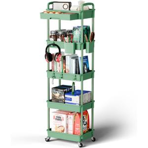 Sorgion 5 Tier Rolling Cart Organizer,Bathroom Cart Organizers with Wheels Laundry Room Organization Mobile Shelving Unit Utility Cart Storage Shelves Multi-Functional for Office, Home(Green)