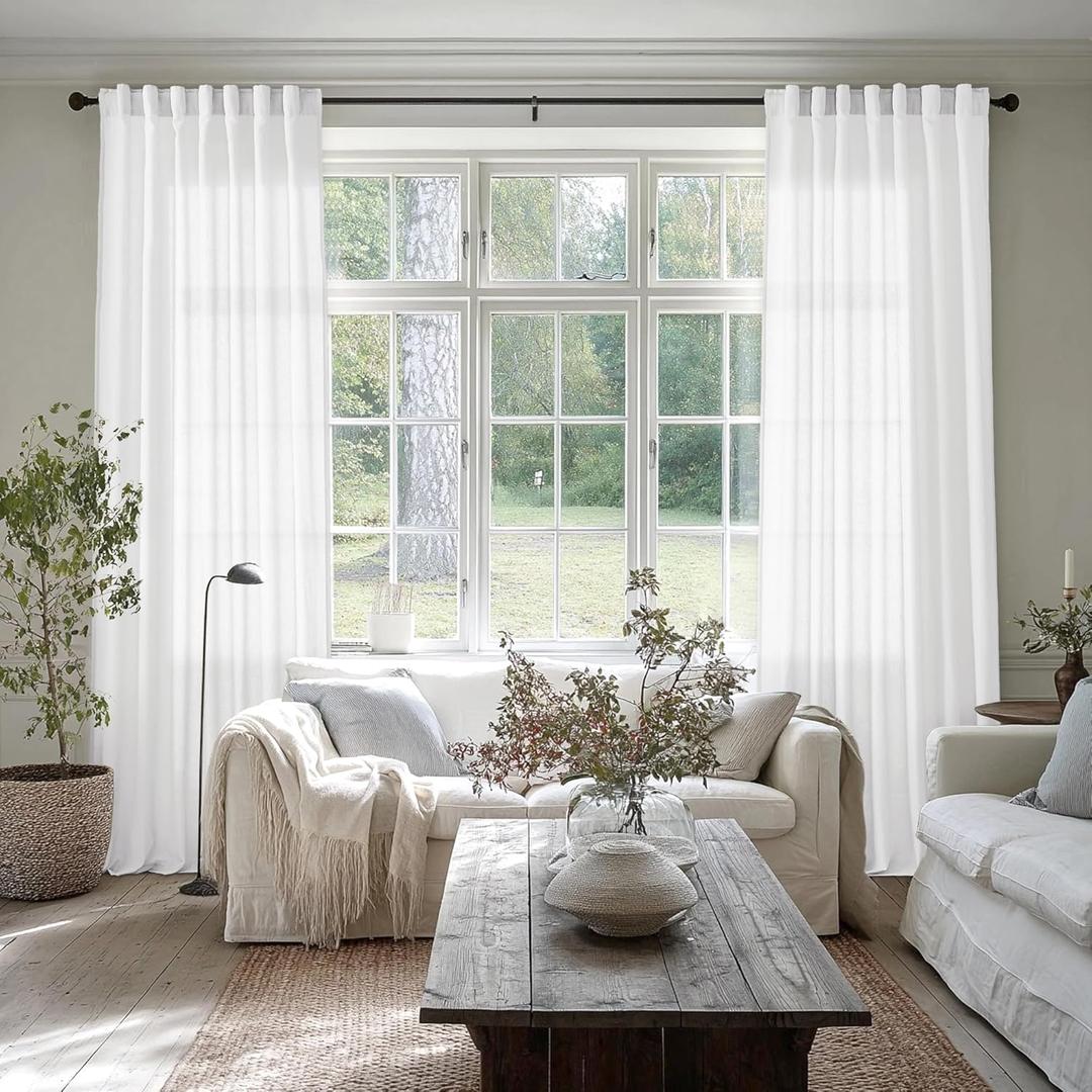 SHINELAND 105 Inch Long Curtains, White Linen Semi Sheer Light Filtering Curtains for Living Room Set of 2 Panels, 104 Inch Curtain