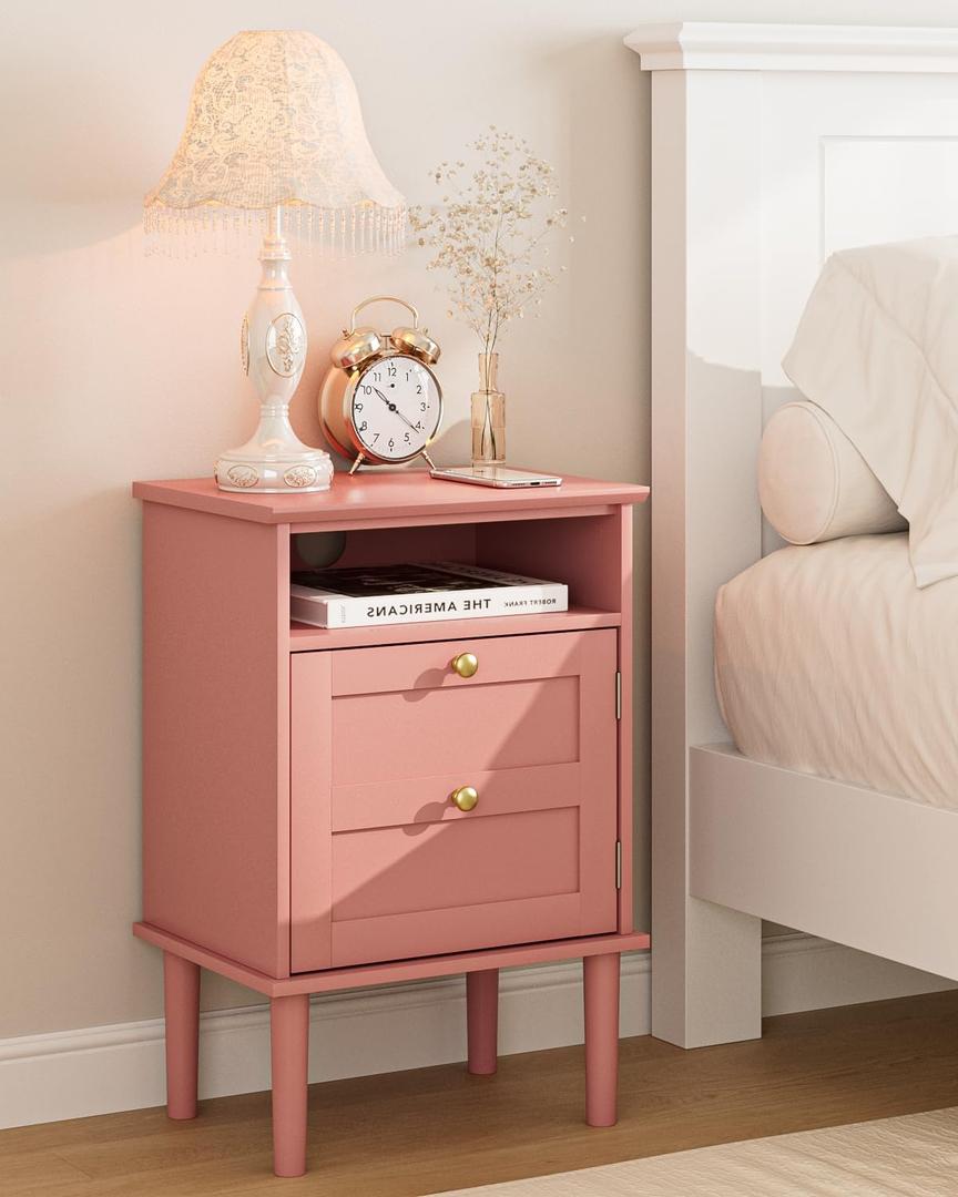 Nightstand, Boho Night Stand with 1 Drawers, Modern Side Accent Table with Open Shelf, Wooden Top Bedside End Table for Bedroom, Living Room, Pink