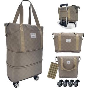 Expandable foldable duffel bag suitcase, detachable rolling wheels,carry-on large duffel bag,luggage bag,suit gym,camping,travel or business trip,Gift for wife and parents-Checkerboard(KHAKI)