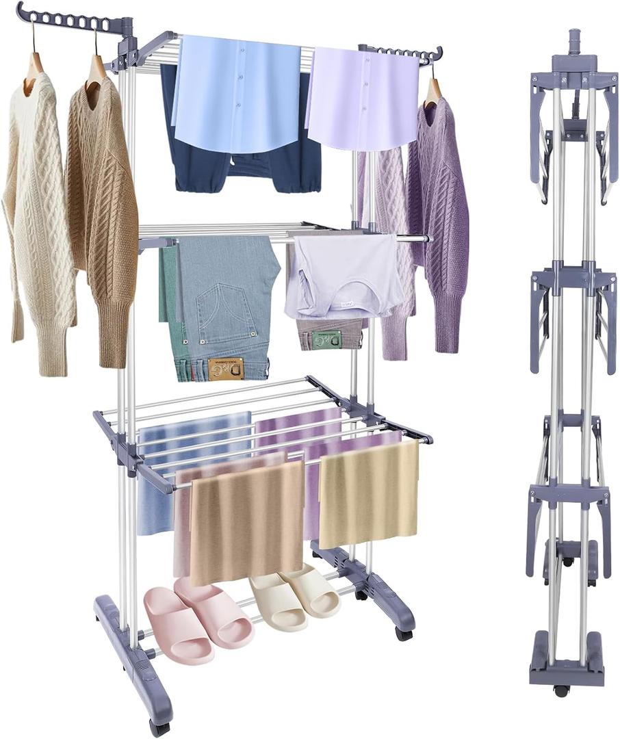 Clothes Drying Rack Foldable Drying Rack Clothing,Oversize 4 Tier(70" High) Clothes Horses Stainless Steel Laundry Drying Rack with Collapse Base& 24 Poles for Clothing&Bed Linen,Gray