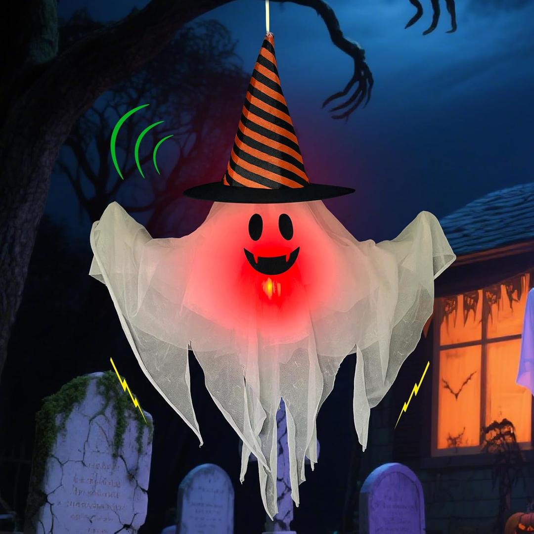 [ Sound Activated ] Light up Halloween Animatronics Hanging Ghost Decorations with Creepy Sound & Shake Hands, Lighted Flying Ghost Scary Halloween Props Decor Outdoor Yard Patio Haunted House