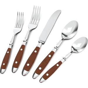 QUEARI Silverware Set For 8 with Two Rivets, Vintage 28-Piece Everyday Flatware Set with Wood Grain Bakelite Handle, Stainless Steel Cutlery Set, Dishwasher Safe, Knives Spoons and Forks Set