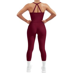 SUUKSESS Women 2 Piece Workout Sets Compression Tummy Control Leggings with Pockets Halter Built in Bra Tank Tops (X-Small, Magenta)