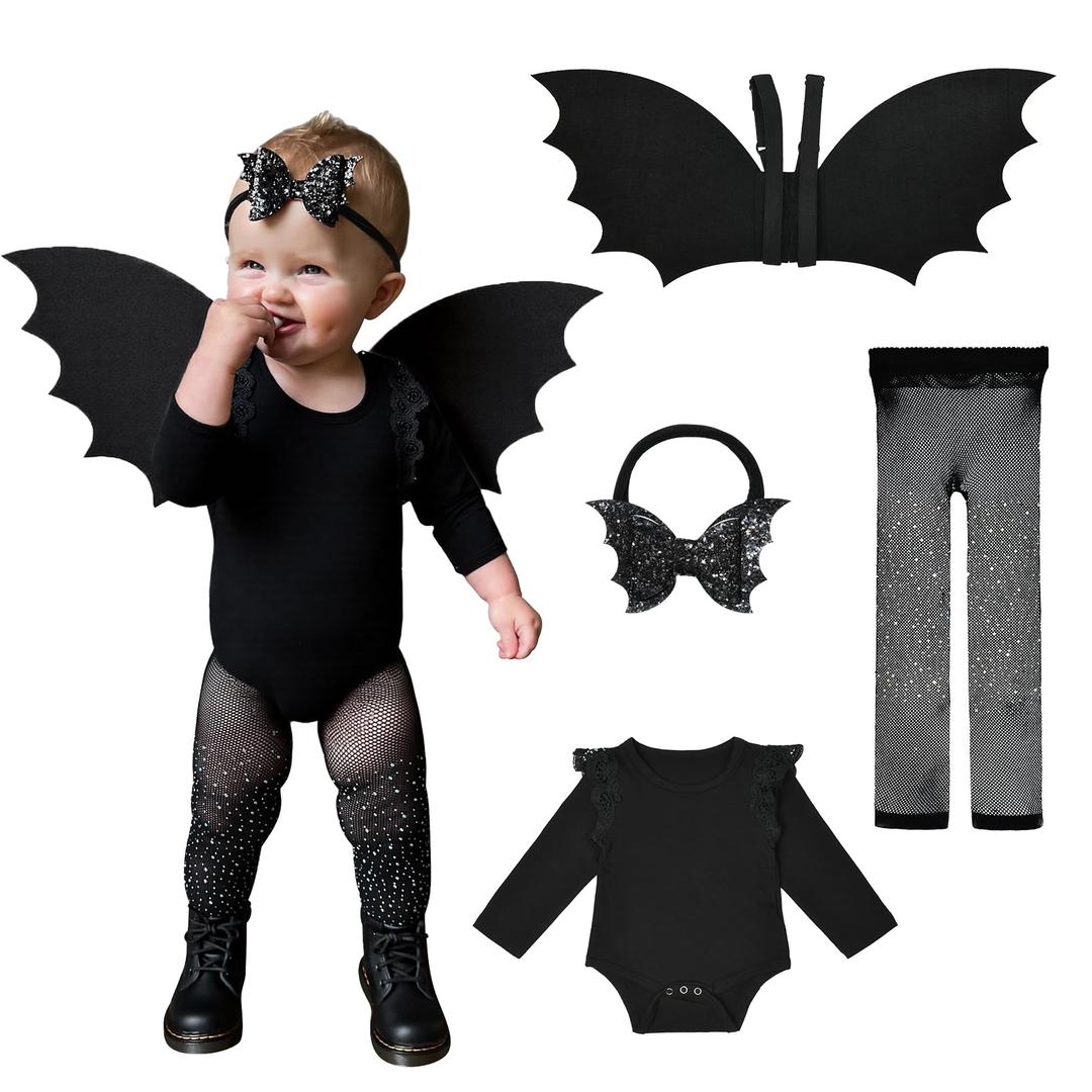 Halloween Toddler Bat Costume for Baby Girl Boy with Black Bat Wing Ruffle Long Sleeve Romper Bodysuit Goth Bow Headband, 90cm(12-18M)