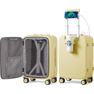 mixi Carry On Luggage with Cup Phone Holder and Charger Hard Shell Suitcases with Spinner Wheels,20 Inch Lark Yellow