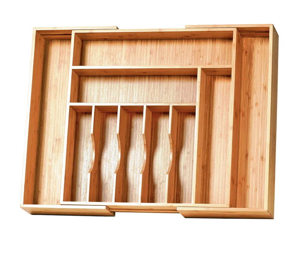 Umilife Extra Large Expandable Kitchen Siverware Utensils Drawer Organizer, 19" Deep for Big Drawer, Adjustable Bamboo Wood Drawer Divider with Curved Grooves, Cutlery Tray Flatware Holder. Size: Expandable 17~28 x 19 inch