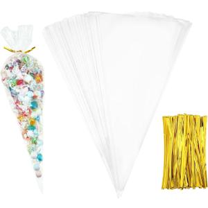 Outus 100 Pcs 7 x 12 Inch Cone Shaped Clear Cello Cellophane Treat Bags Medium Transparent Cone Cello Sweet Treat Bags with 100 Pieces Twist Ties for Party Favor(Gold Twist Ties)