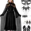 Foaincore Halloween Witch Vampire Costume Black Hooded Tulle Cloak for Women with Gothic Lace Jewelry Set Mask Gloves Denture (Small)