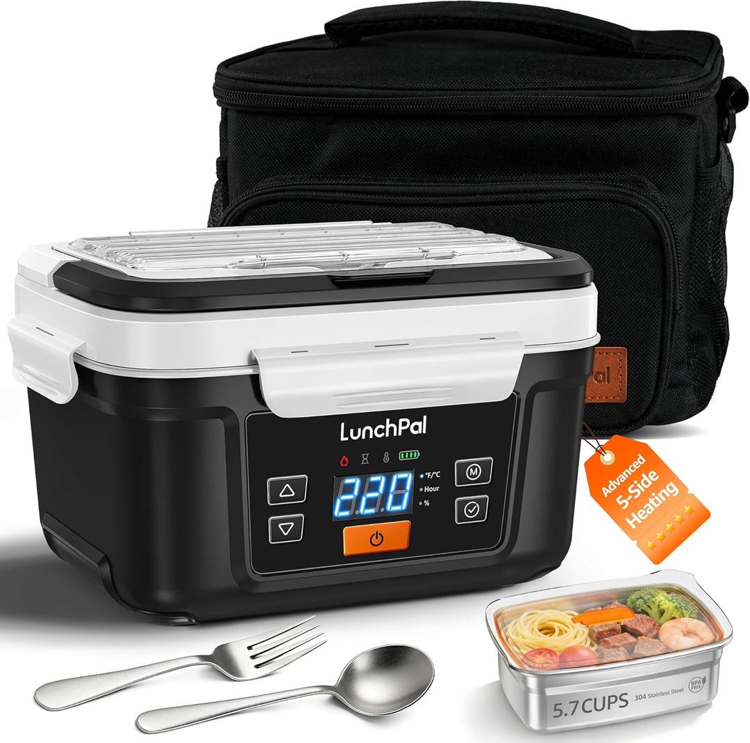 Advanced Cordless Electric Heated Lunch Box, 5.7-Cup Portable Rechargeable Food Warmer with 220 5-Side Heating, Smart Scheduled Heating & Keep Warm, Includes Insulated Bag, Design for Outdoor Work