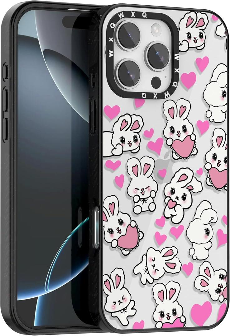 for iPhone 16 Pro Max Case TPU+PC Premium Painted Anti-Drop Phone Case Superior Shock Absorption Military-Grade Drop Protection Pink Heart Cute Bunny Phone Case