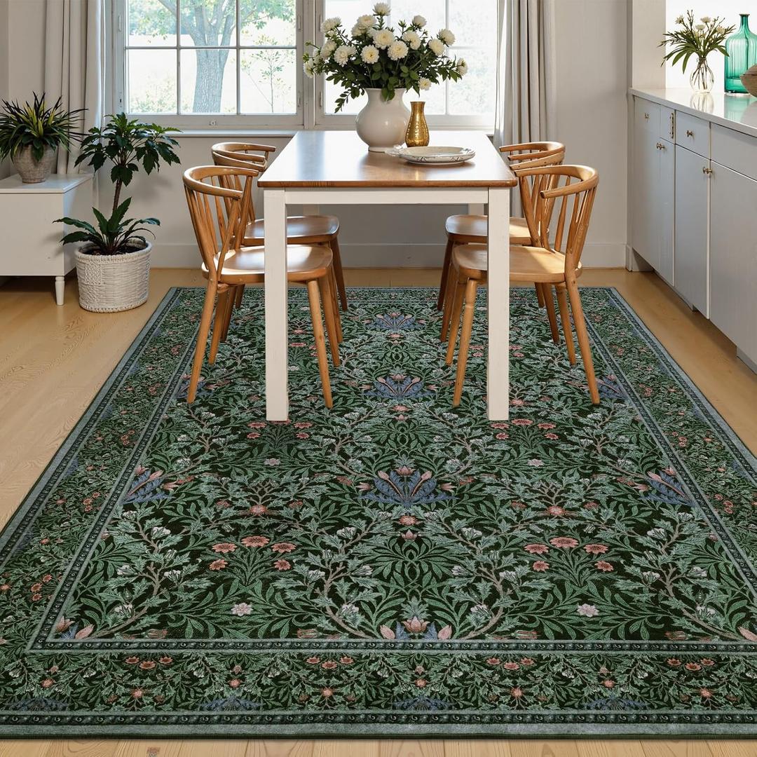 Dining Room Rugs for Under Table, Forest Floral Washable Area Rugs 6x9, Dark Green Oriental Area Rug for Living Room, Low Pile Non-Slip Floor Vintage Carpet for Bedroom, Dark Green