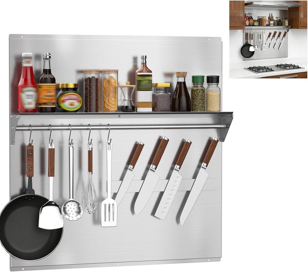30"x30" Stainless Steel Range Backsplash, Stove Backsplash With Storage Shelf & Magnetic Knife Rack, Stainless Steel Backsplash For Stove, Range Hood Wall Shield With Pre-Drilled Holes