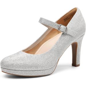 DREAM PAIRS Women's Pumps Close Toe Classic High Heels Round Toe Comfortable Low Platform Mary Jane Dress Shoes, Size 11, Silver-Glitter, SDPU2425W