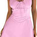 ISZPLUSH Women's Sexy Ruched Lace-Up Cami Dress Double Layer Adjustable Straps Slim Fit Bodycon Mini Dress Party Club (Pink)