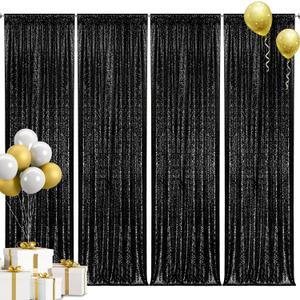 28FT-4PCS Black Sequin Backdrop Curtains Panels, Photography Backdrop Glitter Curtains Fabric Background for Christmas Wedding Party Decor