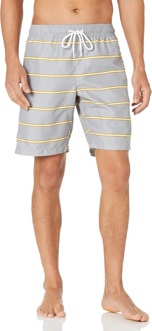 Amazon Essentials Mens 9" Swim Trunks with Mesh Lining, Pockets, Drawstring Closure (X-Small, Grey Stripe)