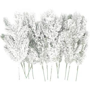28 Pcs Artificial Flocking Pine Picks Snow Forest Artificial Pine Needles Branches Christmas Fake Greenery Tree Branches DIY Leaves for Christmas Wreaths Garden Party Holiday Decor (White, 28)