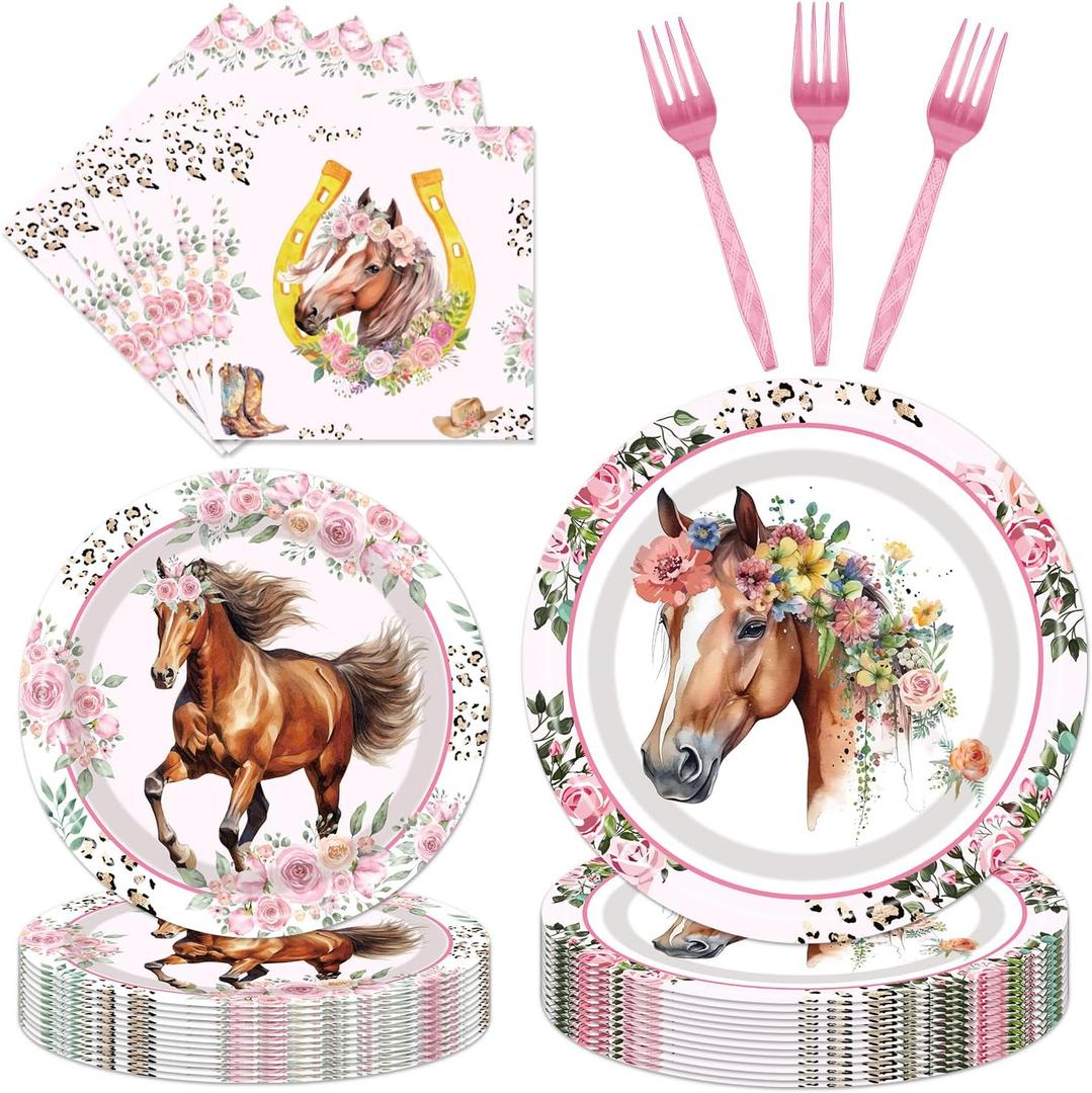 Horse Birthday Party Supplies Tableware - 96 Pcs Cowgirl Birthday Party Decorations, Horse Themed Party Paper Plates and Napkins Sets with Forks, Western Baby Shower Disposable Dinnerware, Serves 24