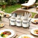 Bekith 3-Piece White Ceramic Silverware Caddy with Black Metal Rack, Utensil Holder Flatware Caddy Cutlery Storage Organizer for Kitchen Table, Cabinet or Pantry
