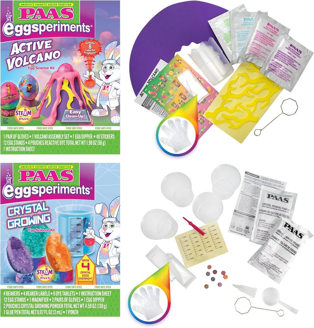 PAAS Easter Egg Decorating Bundle, Includes 1 Active Volcano Eggsperiment Kit, 1 Crystal Growing Eggsperiment Kit, Easter STEM kit, Food Safe Dye (2 Piece Bundle)