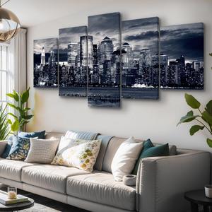 5 Parts New York City Canvas Wall Art Manhattan Skyline at Night Picture Prints Modern Home Office Wall Decoration Stretched Ready to Hang
