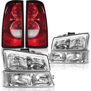 Headlights Tail Lights Assembly Combo Compatible with 2003 2004 2005 2006 Chevy Silverado 1500 2500 3500, Chrome Housing Clear Lens Headlamp w/ Red Taillight Rear Brake Lamp