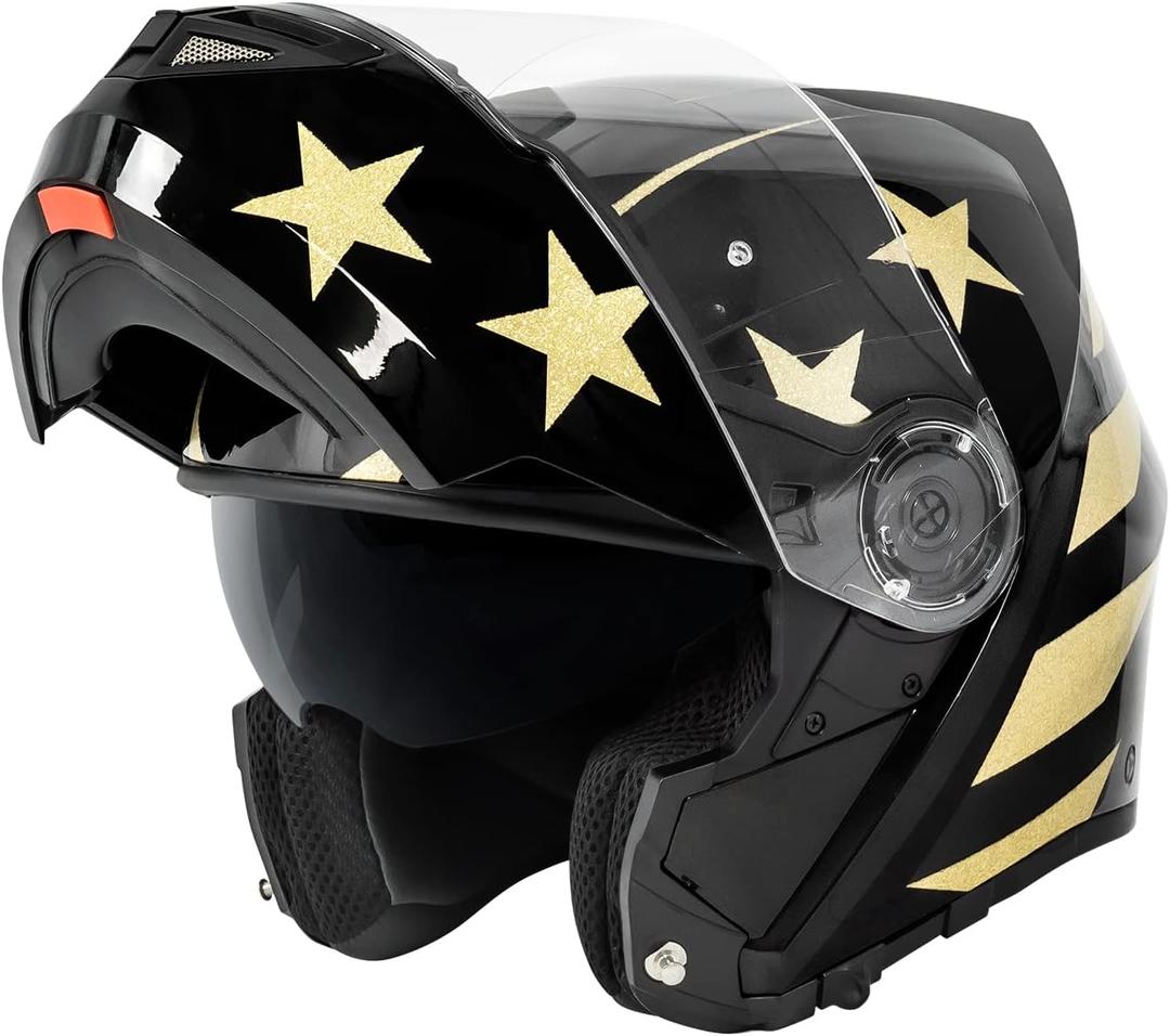 VCAN VX28 Full Face Modular Flip-Up Motorcycle Helmet DOT Approved, Coolmax Cheek Pad & OTG Ready (Medium, Matte Black Star Stripe Gold)