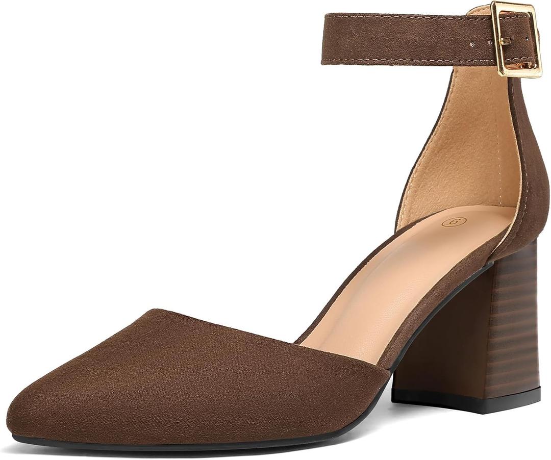 mysoft Women's Pointed Toe Low Chunky Heels Closed Toe Ankle Strap Dress Pump Shoes - 9.5, Brown Suede